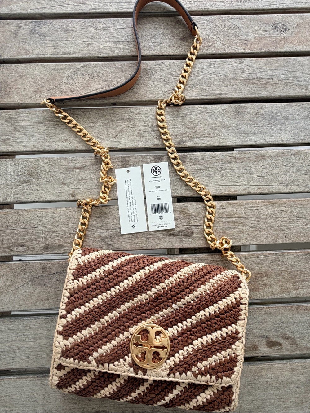 NWT Tory Burch Willa Crochet Chain Wallet Natural Acorn $498